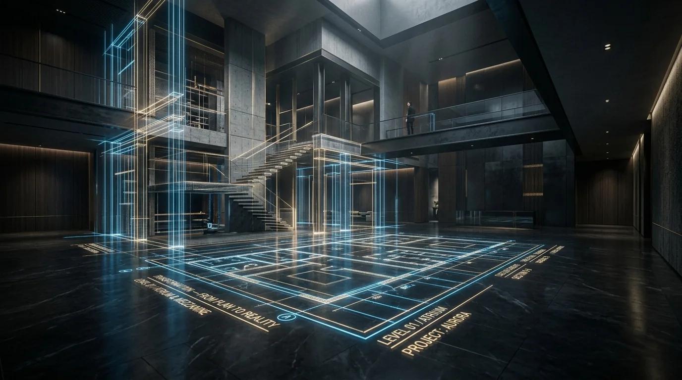 Blueprint lines transforming into spatial volume