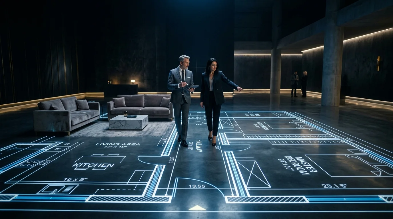 Client and architect walking through a projected floor plan
